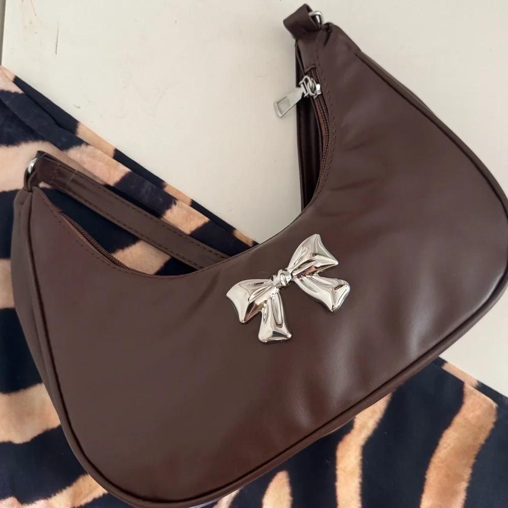 Brown Faux Leather Shoulder Bag with Silver Bow Detail | Coquette | NWOT